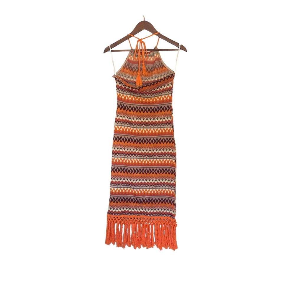 SHEIN Women Orange Geometric Knit Halter Midi Dress Fringe Hem Boho Size Medium - Picture 2 of 7